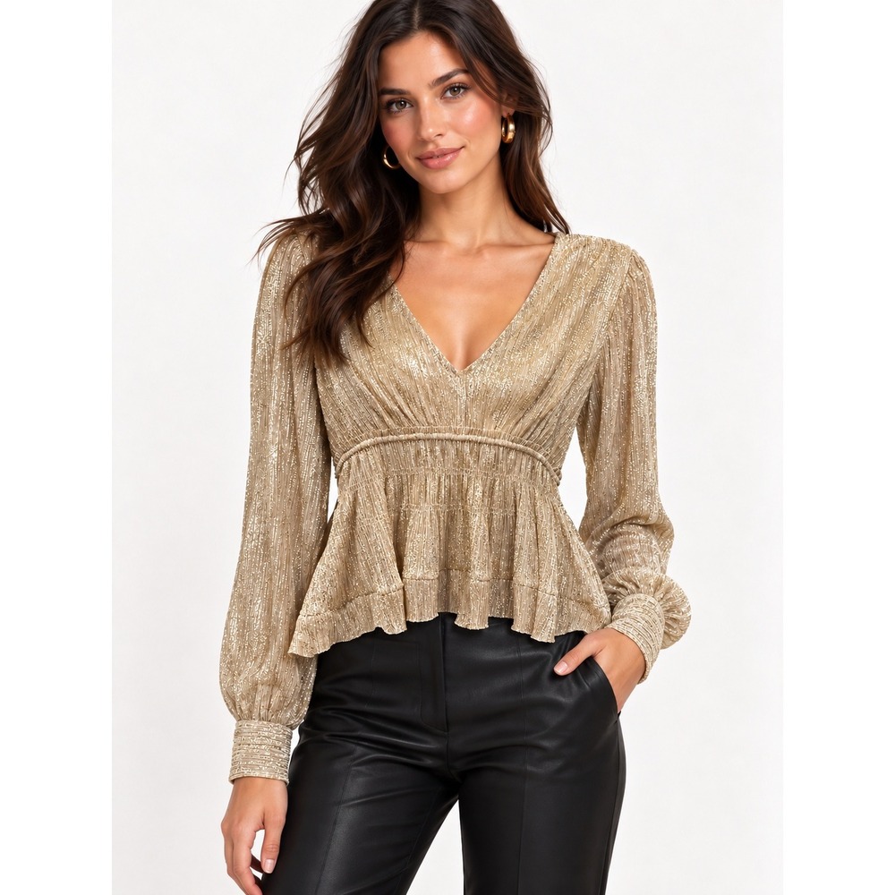 Anthropologie Gold Metallic Smocked L/S Plisse V-Neck Peplum Top Balloon Sleeve